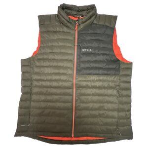 Orvis Puffer Vest Mens XL Olive Green Orange Full Zip Lightweight Insulated